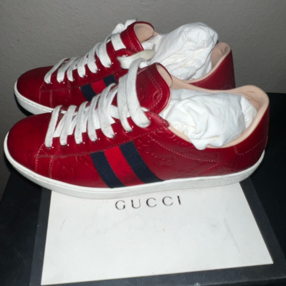 Gucci Ace Web GG Monogram Low Top  Red Sneakers Leather size 35 eu